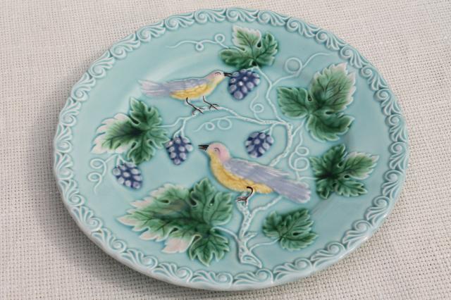 photo of early 1900s vintage antique majolica pottery plates, birds & berries plate collection #4