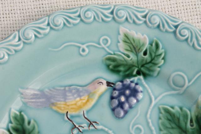 photo of early 1900s vintage antique majolica pottery plates, birds & berries plate collection #5