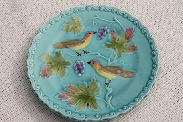 photo of early 1900s vintage antique majolica pottery plates, birds & berries plate collection #11