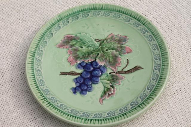 photo of early 1900s vintage antique majolica pottery plates, birds & berries plate collection #14