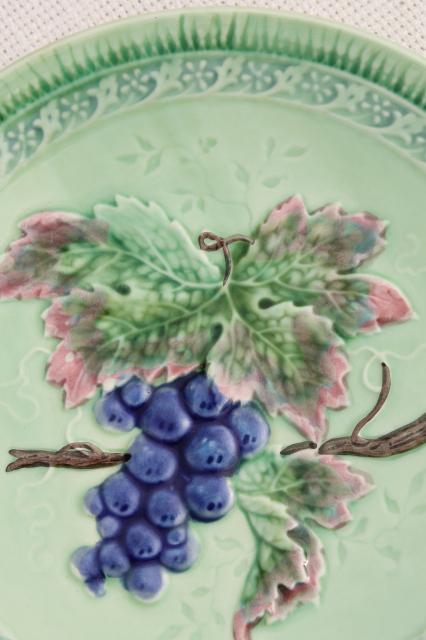 photo of early 1900s vintage antique majolica pottery plates, birds & berries plate collection #15