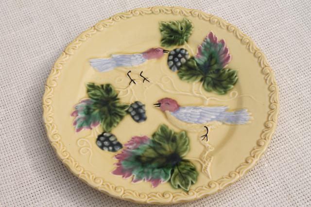 photo of early 1900s vintage antique majolica pottery plates, birds & berries plate collection #17