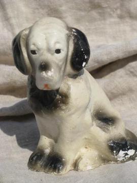 catalog photo of early 1900s vintage chalk dog, painted plaster spaniel chalkware figure