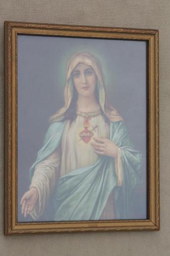 photo of early 1900s vintage color litho religious prints, Sacred Heart Mary & Christ Child #3