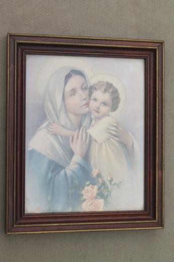 photo of early 1900s vintage color litho religious prints, Sacred Heart Mary & Christ Child #7