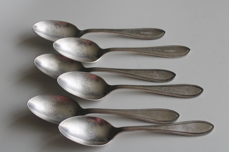 photo of early 1900s vintage flatware, Infirmary engraved worn silver plated soup spoons  #1