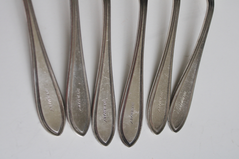 photo of early 1900s vintage flatware, Infirmary engraved worn silver plated soup spoons  #2