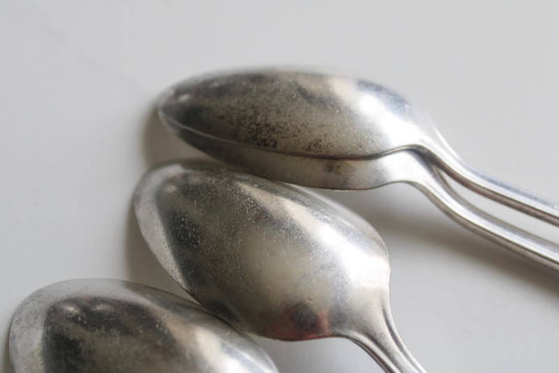 photo of early 1900s vintage flatware, Infirmary engraved worn silver plated soup spoons  #5