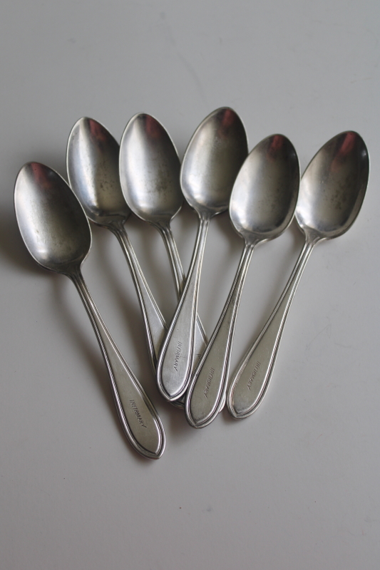 photo of early 1900s vintage flatware, Infirmary engraved worn silver plated soup spoons  #6