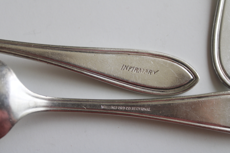 photo of early 1900s vintage flatware, Infirmary engraved worn silver plated soup spoons  #7