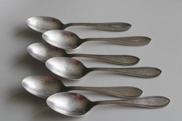 catalog photo of early 1900s vintage flatware, Infirmary engraved worn silver plated soup spoons 