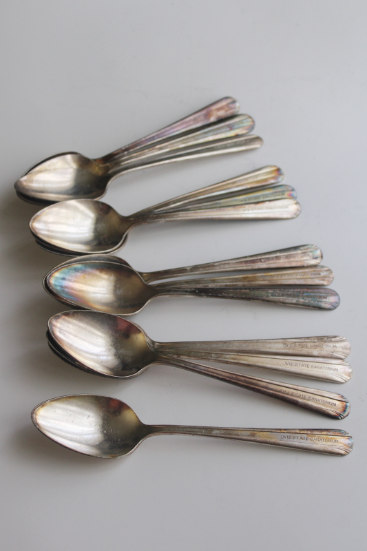 photo of early 1900s vintage flatware, Wisconsin State Sanatorium silver plated spoons 13 at dinner  #1