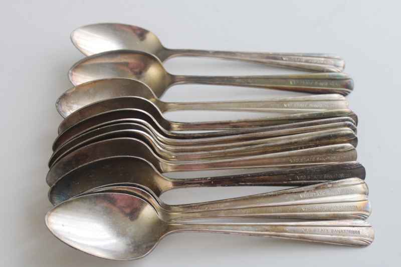 photo of early 1900s vintage flatware, Wisconsin State Sanatorium silver plated spoons 13 at dinner  #2