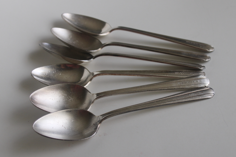 photo of early 1900s vintage flatware, Wisconsin State Sanatorium worn silver plated soup spoons  #3