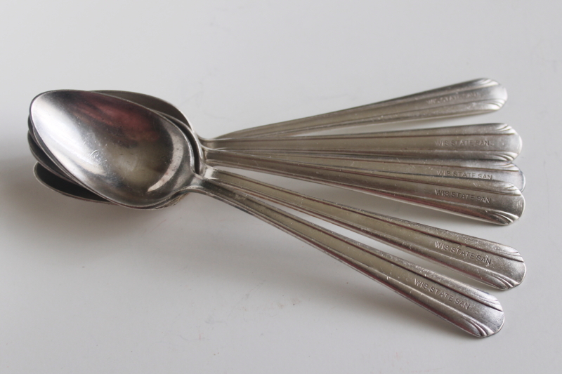 photo of early 1900s vintage flatware, Wisconsin State Sanatorium worn silver plated soup spoons  #6