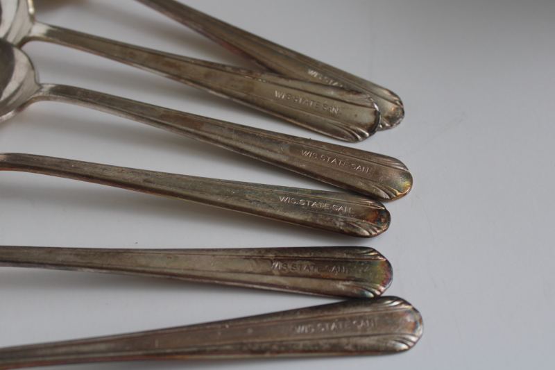 photo of early 1900s vintage flatware, Wisconsin State Sanatorium worn silver plated soup spoons  #2