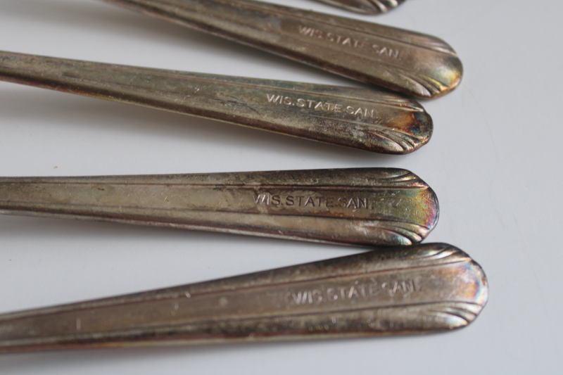 photo of early 1900s vintage flatware, Wisconsin State Sanatorium worn silver plated soup spoons  #3