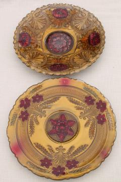 catalog photo of early 1900s vintage goofus glass carnival dishes, ornate roses hand painted red & gold