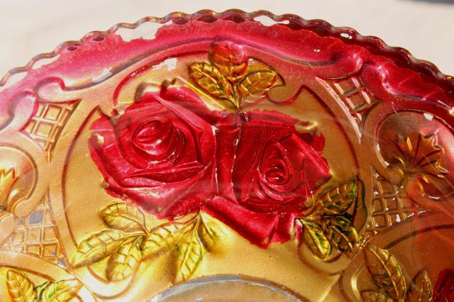 photo of early 1900s vintage goofus glass carnival dishes, puffy glass roses hand painted red & gold #2