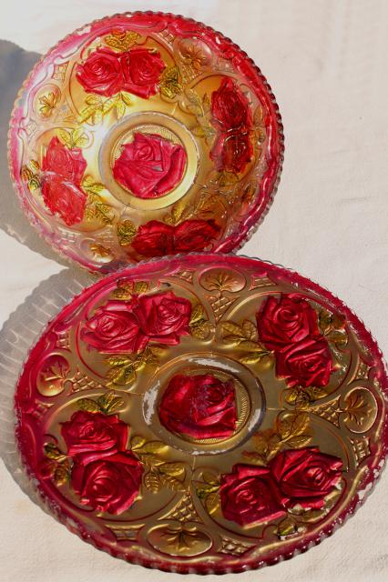 photo of early 1900s vintage goofus glass carnival dishes, puffy glass roses hand painted red & gold #4