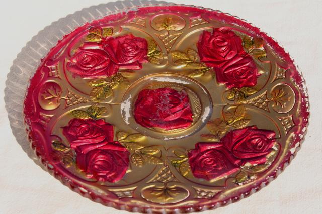 photo of early 1900s vintage goofus glass carnival dishes, puffy glass roses hand painted red & gold #5