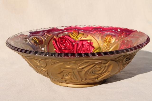 photo of early 1900s vintage goofus glass carnival dishes, puffy glass roses hand painted red & gold #9