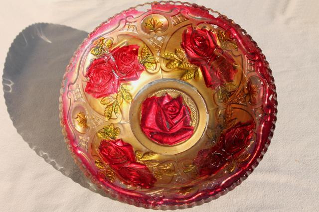 photo of early 1900s vintage goofus glass carnival dishes, puffy glass roses hand painted red & gold #10