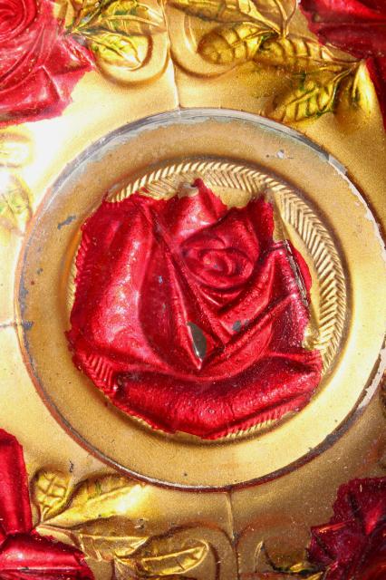 photo of early 1900s vintage goofus glass carnival dishes, puffy glass roses hand painted red & gold #11