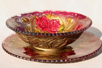 catalog photo of early 1900s vintage goofus glass carnival dishes, puffy glass roses hand painted red & gold