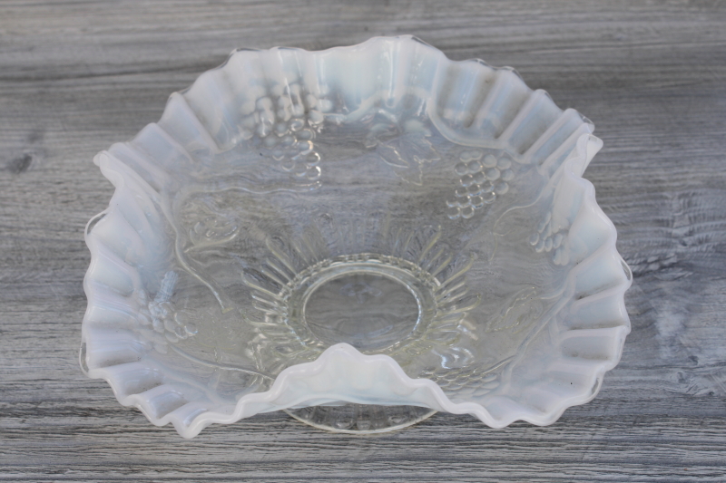 photo of early 1900s vintage grapes bowl, white opalescent glass w/ crimped ruffle Jefferson glass #1