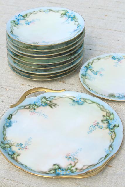 photo of early 1900s vintage hand painted china tea or dessert plates set, blue forget-me-nots #1