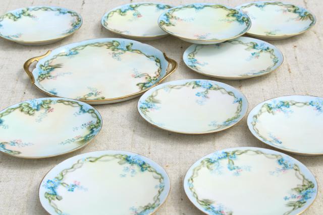 photo of early 1900s vintage hand painted china tea or dessert plates set, blue forget-me-nots #5