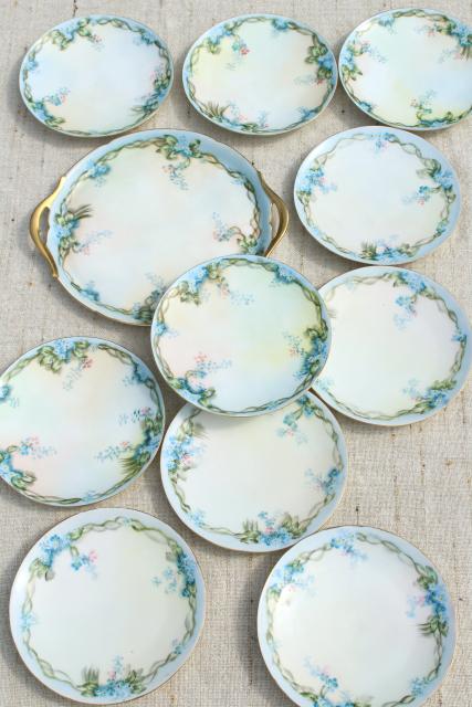 photo of early 1900s vintage hand painted china tea or dessert plates set, blue forget-me-nots #6