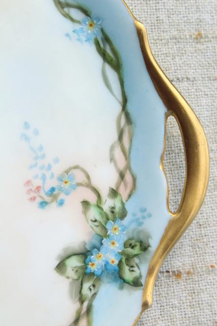 photo of early 1900s vintage hand painted china tea or dessert plates set, blue forget-me-nots #8