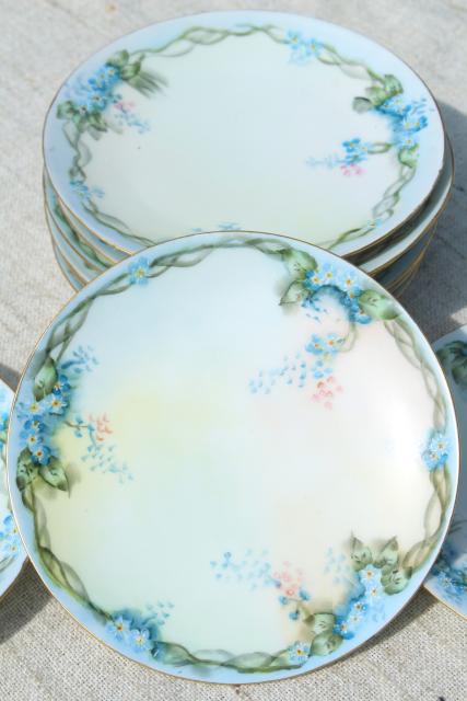 photo of early 1900s vintage hand painted china tea or dessert plates set, blue forget-me-nots #10