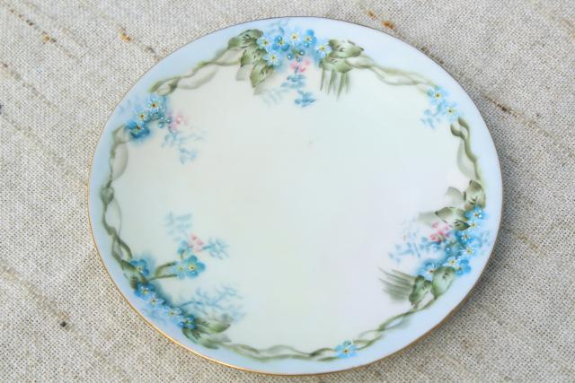 photo of early 1900s vintage hand painted china tea or dessert plates set, blue forget-me-nots #11