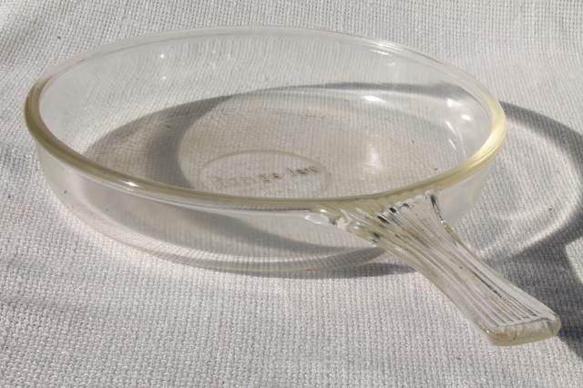 photo of early 1900s vintage kitchenware, McKee Range-Tec clear glass skillet pan one piece handle #1