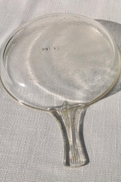 photo of early 1900s vintage kitchenware, McKee Range-Tec clear glass skillet pan one piece handle #7