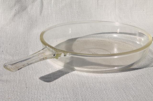 photo of early 1900s vintage kitchenware, McKee Range-Tec clear glass skillet pan one piece handle #10