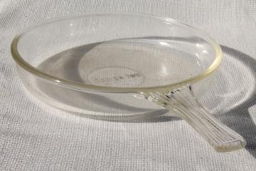catalog photo of early 1900s vintage kitchenware, McKee Range-Tec clear glass skillet pan one piece handle