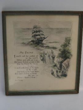 catalog photo of early 1900s vintage motto print antique frame, My Friend