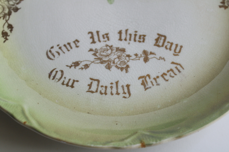 photo of early 1900s vintage plate Give Us This Day Our Daily Bread, worn stained antique china  #2