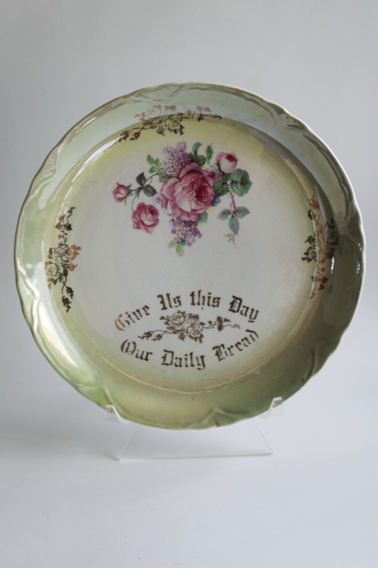 photo of early 1900s vintage plate Give Us This Day Our Daily Bread, worn stained antique china  #7