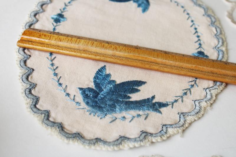 photo of early 1900s vintage silk embroidery lamp table mats, roses, bluebirds, butterfly #3