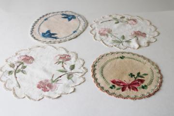 catalog photo of early 1900s vintage silk embroidery lamp table mats, roses, bluebirds, butterfly