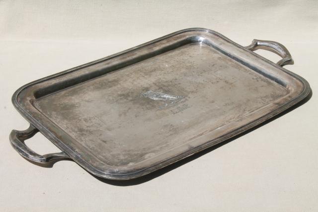 photo of early 1900s vintage trophy silver waiter's tray w/ monogram & engraved robin bird w/ worm #1