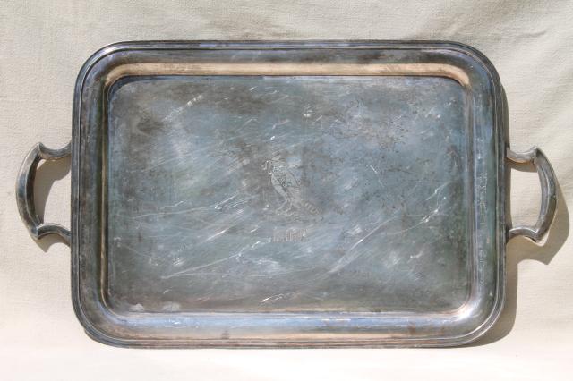 photo of early 1900s vintage trophy silver waiter's tray w/ monogram & engraved robin bird w/ worm #4