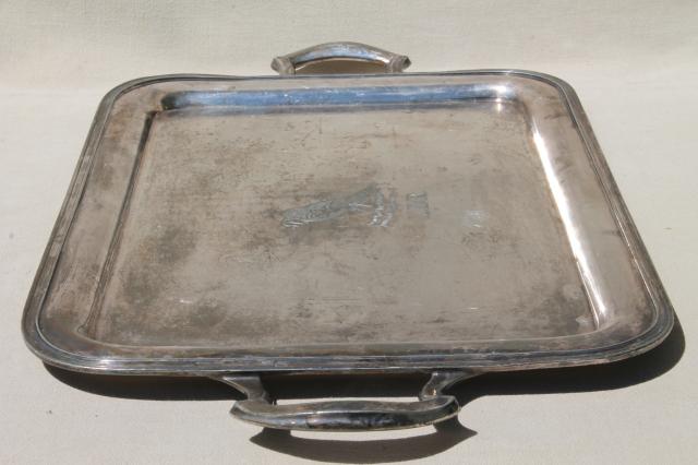 photo of early 1900s vintage trophy silver waiter's tray w/ monogram & engraved robin bird w/ worm #5