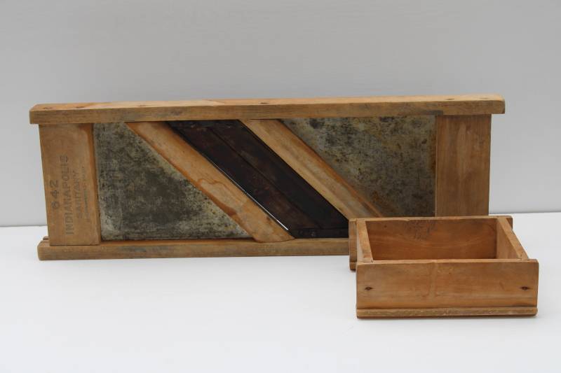 photo of early 1900s vintage wood slaw board w/ cabbage box, Indianapolis brand kraut cutter large bench board #1