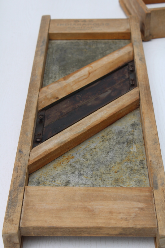 photo of early 1900s vintage wood slaw board w/ cabbage box, Indianapolis brand kraut cutter large bench board #2